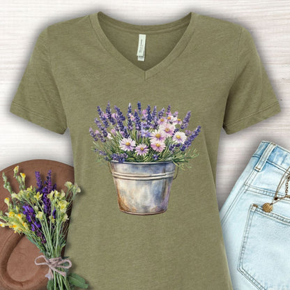 Heather Olive v-neck tee with a faded botanical print of lavender and daisies in a rustic metal pot.