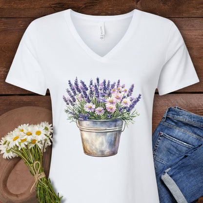White v-neck tee with a faded botanical print of lavender and daisies in a rustic metal pot.