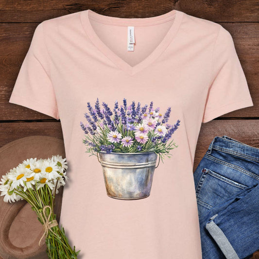 Lavender & Daisies in Rustic Pot V-Neck Tee