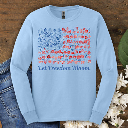 Light blue long sleeve tee with a floral flag graphic and "Let Freedom Bloom" text.