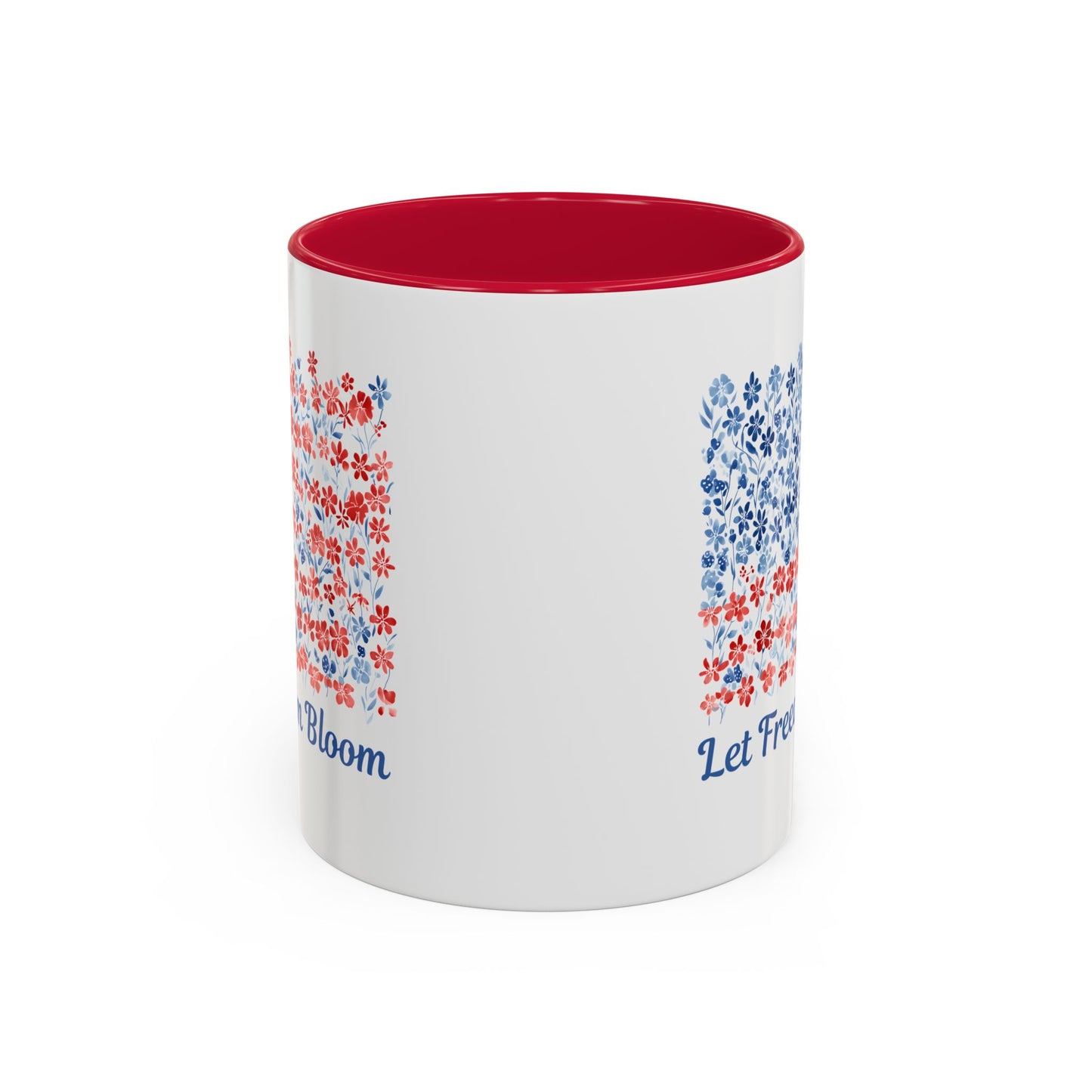 White ceramic mug with red interior and handle, featuring a "Let Freedom Bloom" floral flag design.