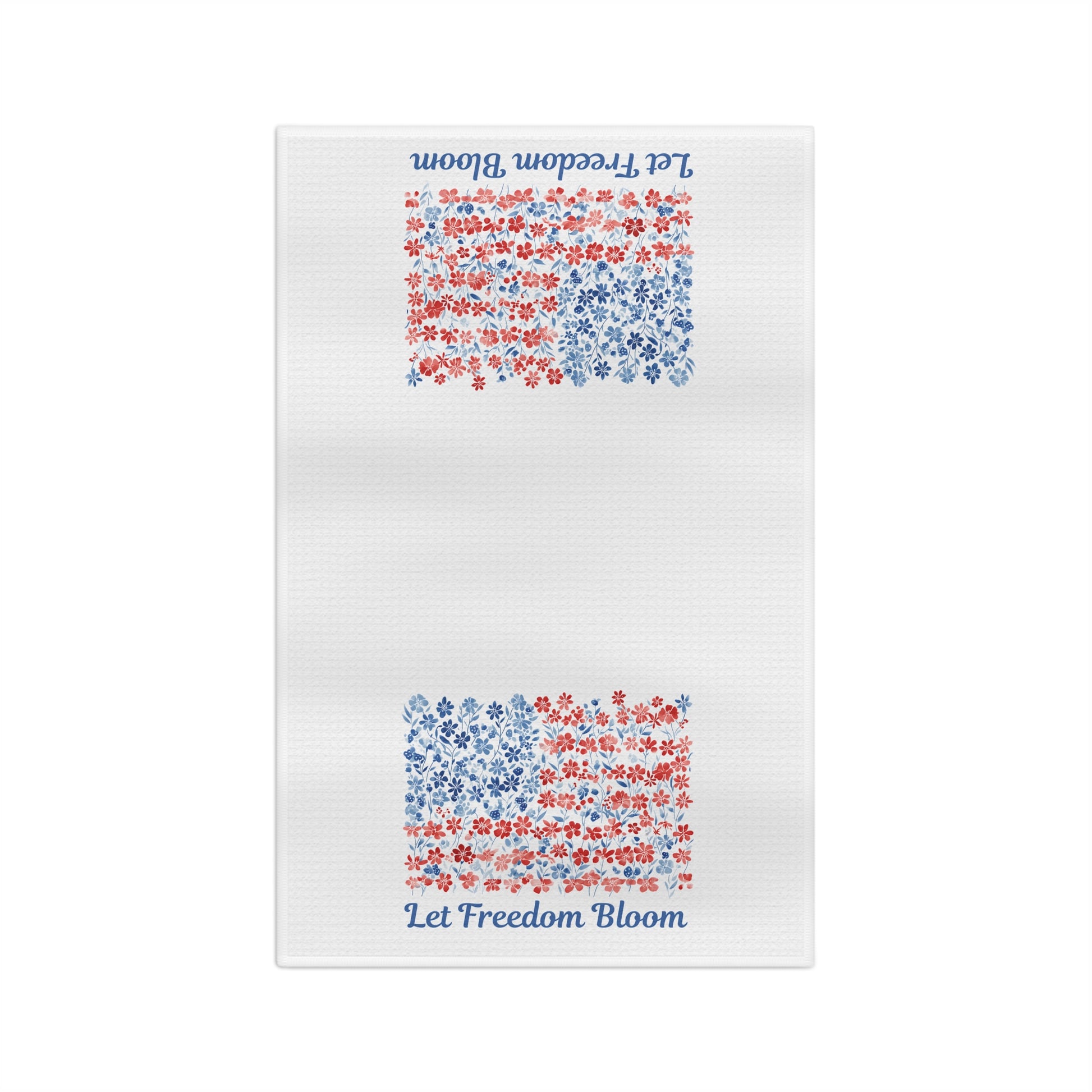 White microfiber tea towel with "Let Freedom Bloom" script and two floral flag designs in red and blue.