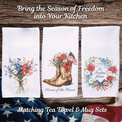 Three white waffle-weave tea towels with patriotic floral designs, including cowboy boots and an American flag.