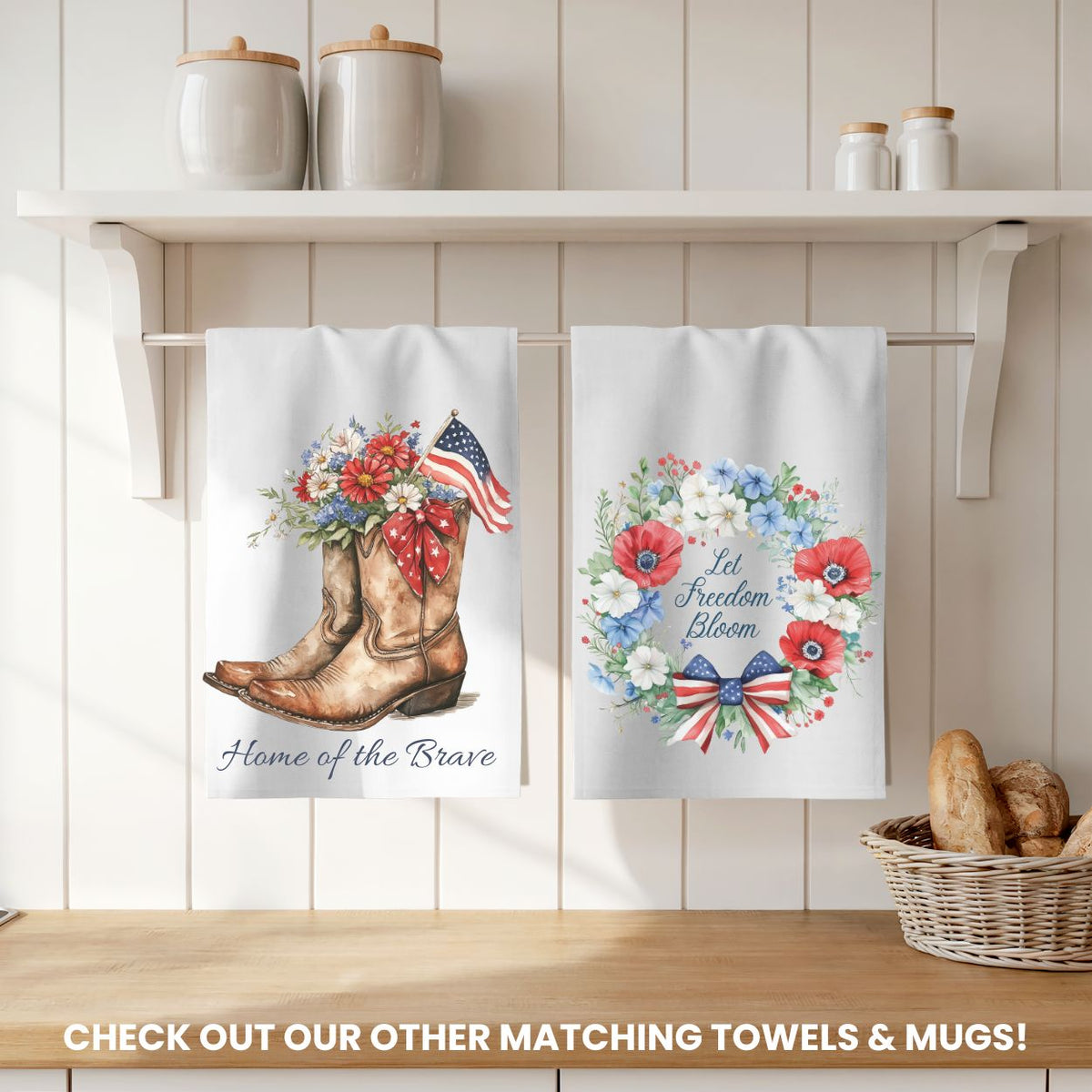 White microfiber tea towel with a patriotic cowboy boot and wildflower design, "Home of the Brave" text.
