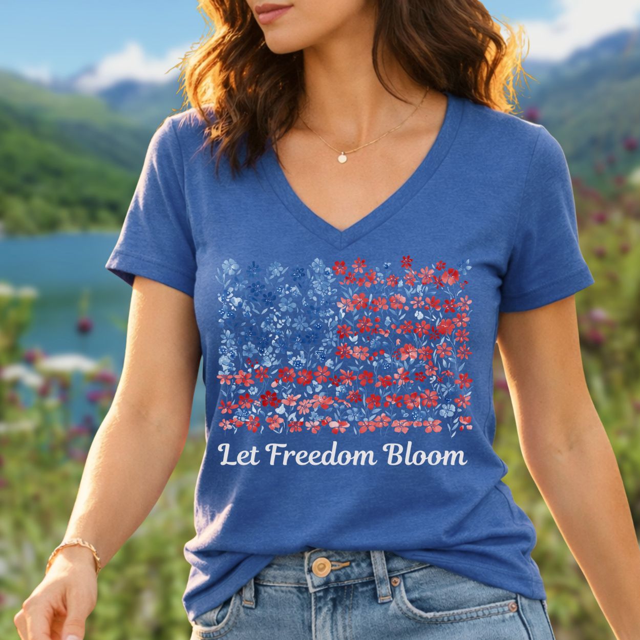 Let Freedom Bloom V-Neck Tee — Floral American Flag for Women