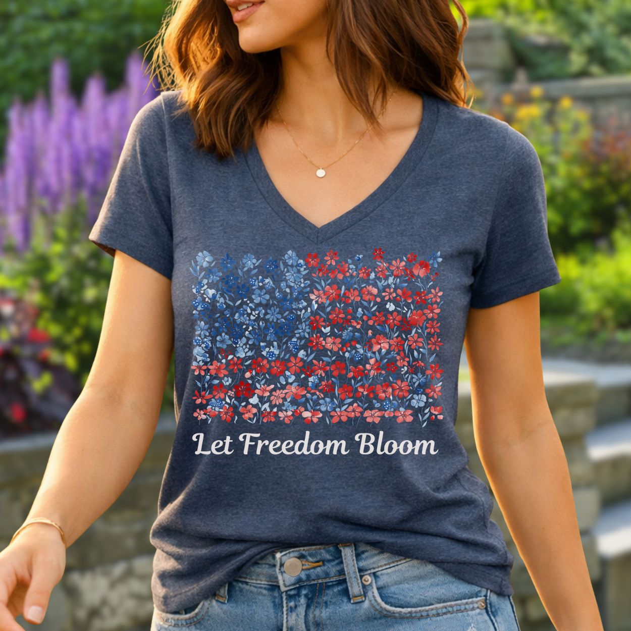 Let Freedom Bloom V-Neck Tee — Floral American Flag for Women