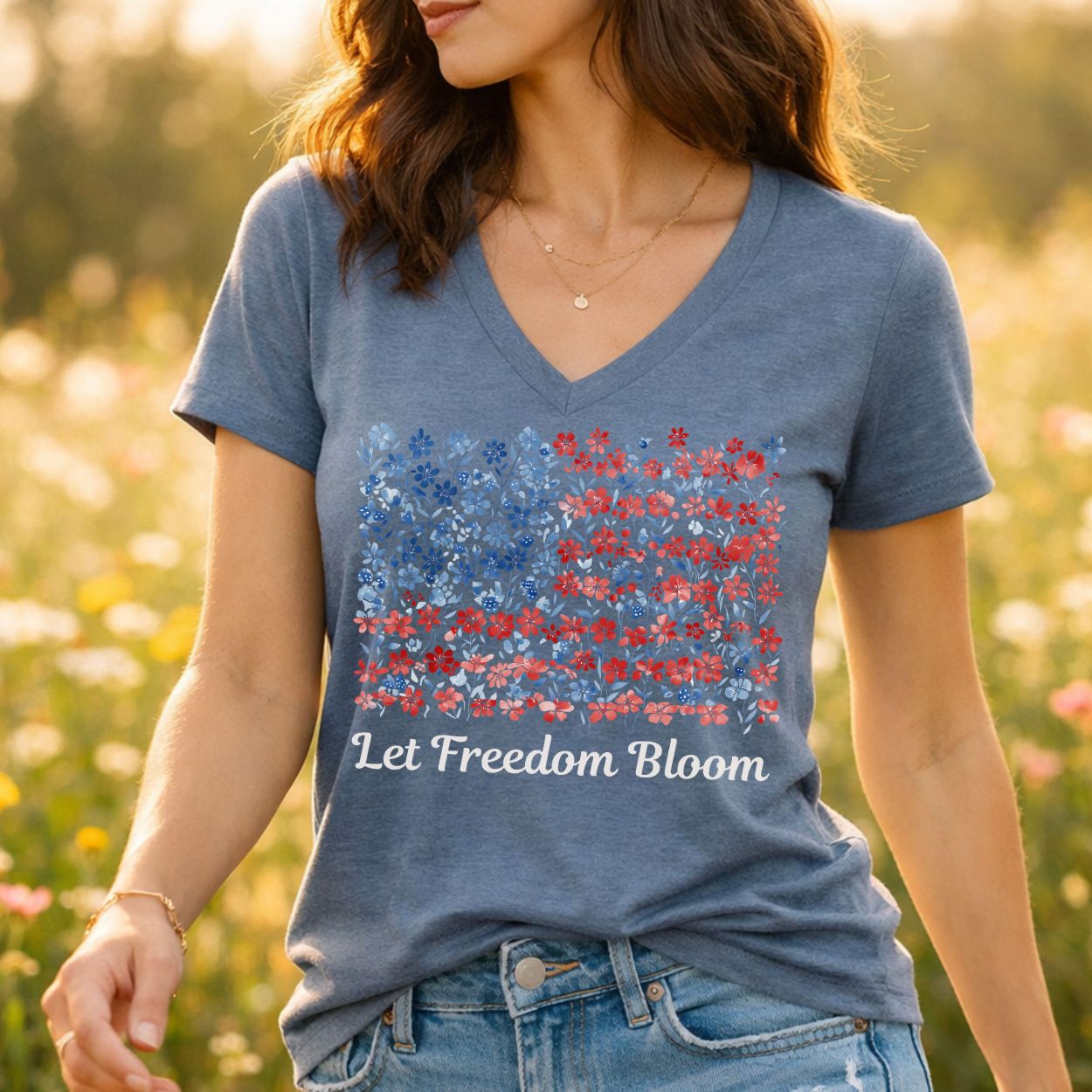 Let Freedom Bloom V-Neck Tee — Floral American Flag for Women