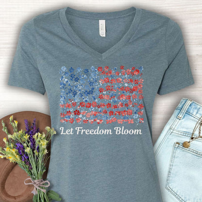 Let Freedom Bloom V-Neck Tee — Floral American Flag for Women