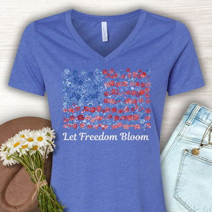 Let Freedom Bloom V-Neck Tee — Floral American Flag for Women