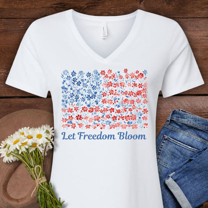 Let Freedom Bloom V-Neck Tee — Floral American Flag for Women