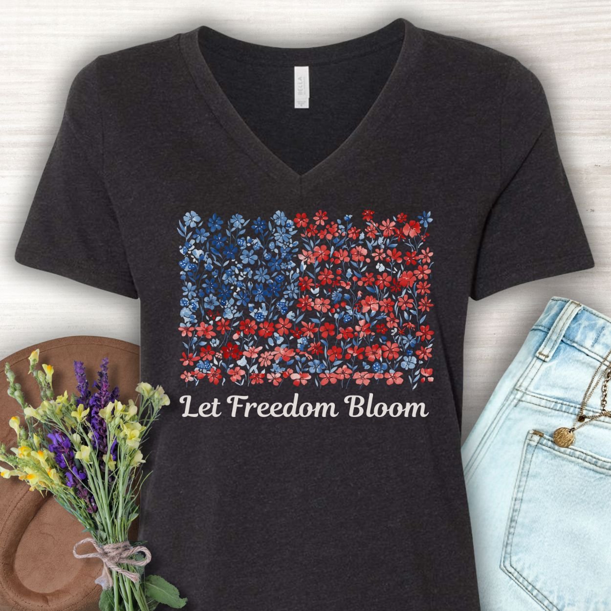 Let Freedom Bloom V-Neck Tee — Floral American Flag for Women