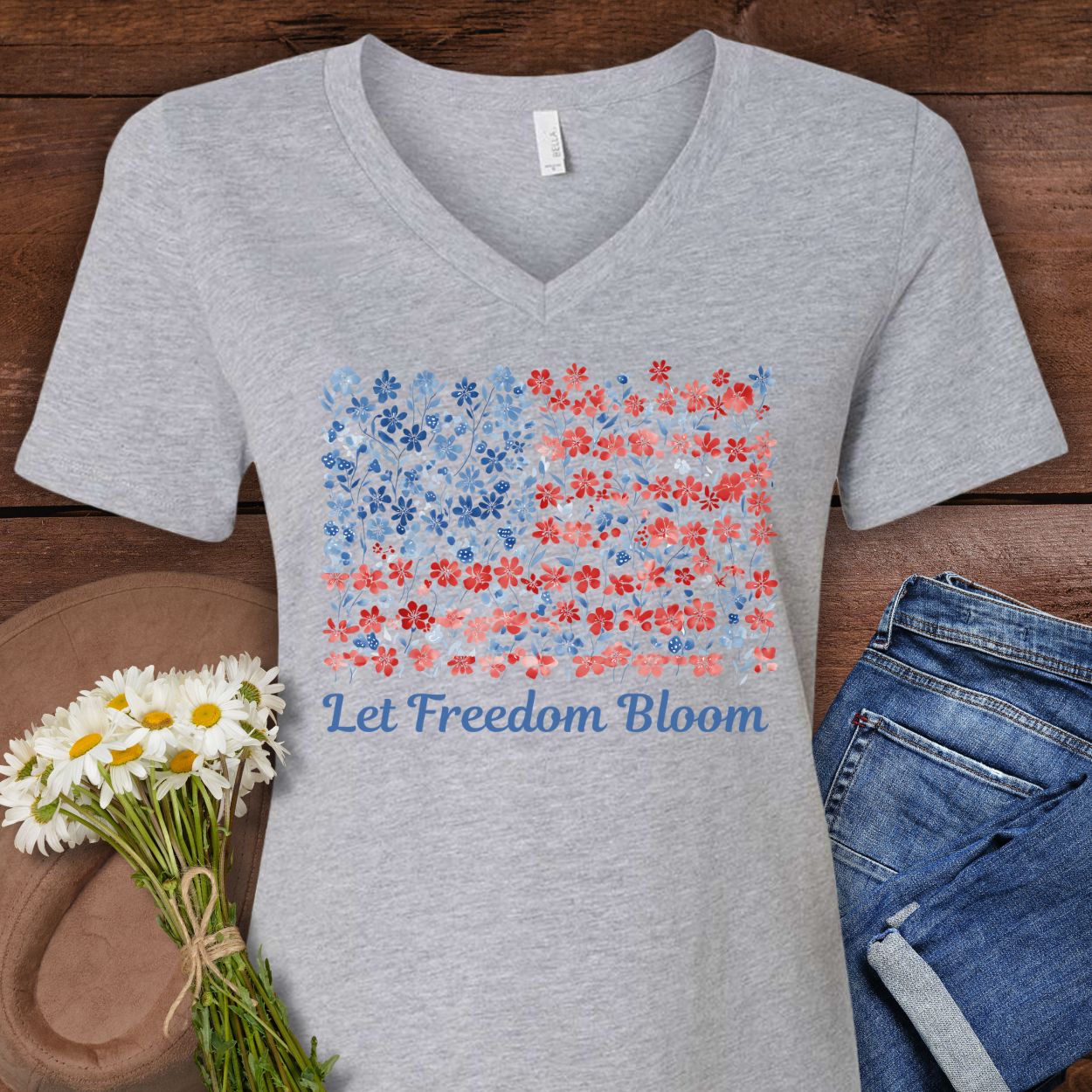 Let Freedom Bloom V-Neck Tee — Floral American Flag for Women