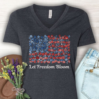 Let Freedom Bloom V-Neck Tee — Floral American Flag for Women