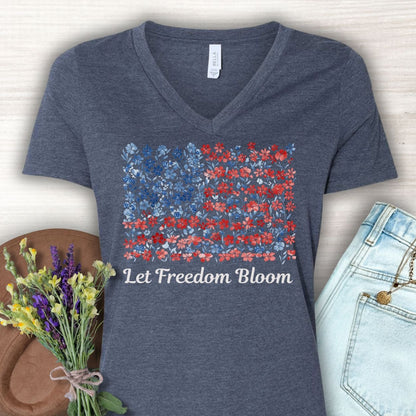 Let Freedom Bloom V-Neck Tee — Floral American Flag for Women