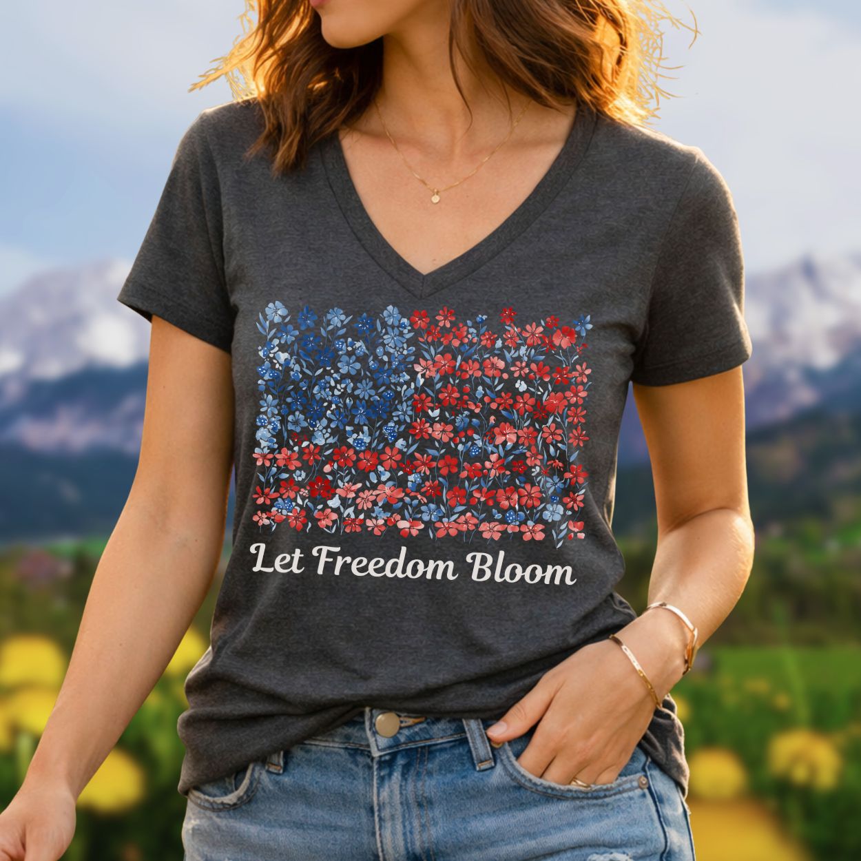 Let Freedom Bloom V-Neck Tee — Floral American Flag for Women