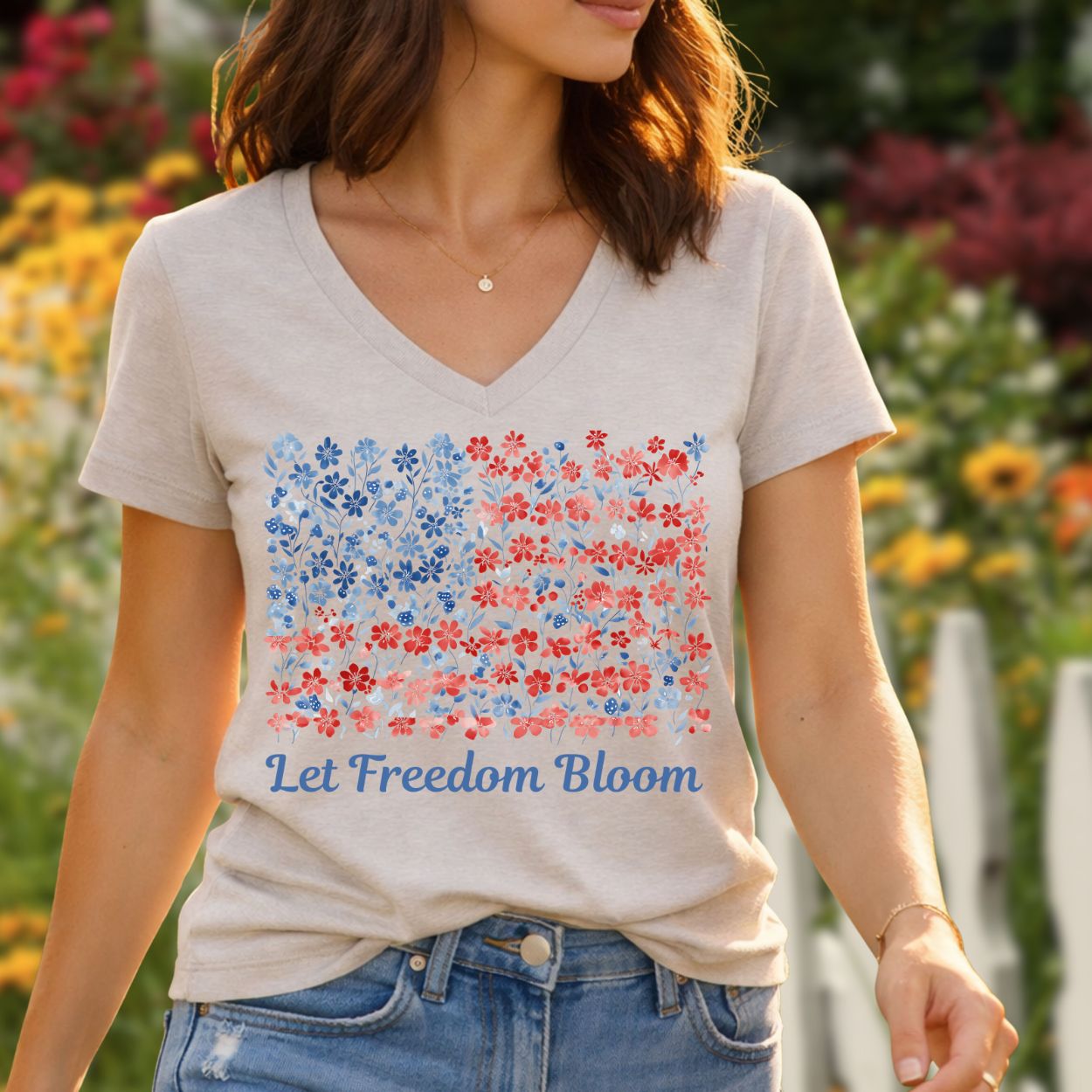 Let Freedom Bloom V-Neck Tee — Floral American Flag for Women