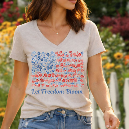 Let Freedom Bloom V-Neck Tee — Floral American Flag for Women