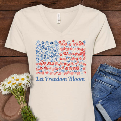 Let Freedom Bloom V-Neck Tee — Floral American Flag for Women