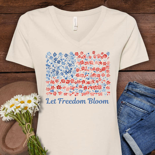 Let Freedom Bloom V-Neck Tee — Floral American Flag for Women