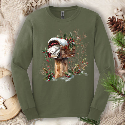 Military Green long sleeve tee with a watercolor rustic mailbox, snow, and holly berries design.