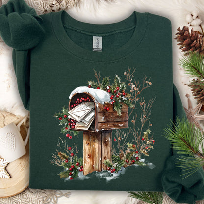 Forest Green Gildan fleece sweatshirt with watercolor rustic mailbox, snow, and holly berries.