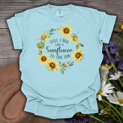 Chambray cotton t-shirt with "Still I Rise Like a Sunflower to the Sun" in a sunflower wreath design.