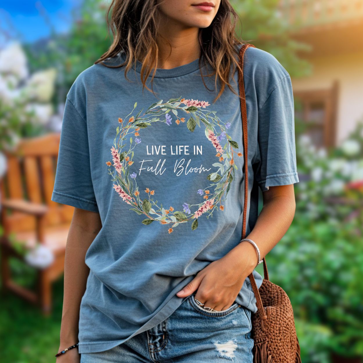 Live Life in Full Bloom Floral Wreath T-Shirt