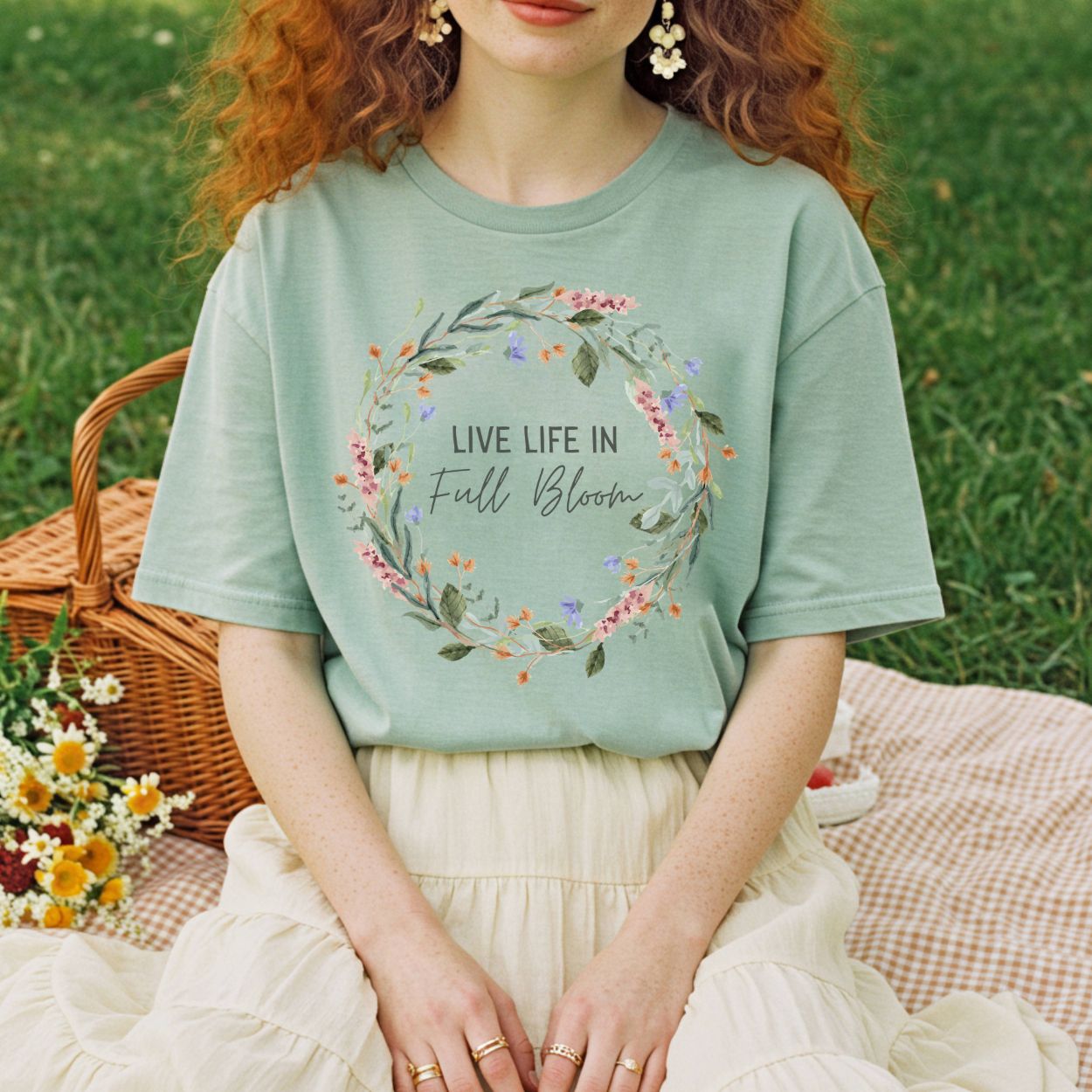 Live Life in Full Bloom Floral Wreath T-Shirt