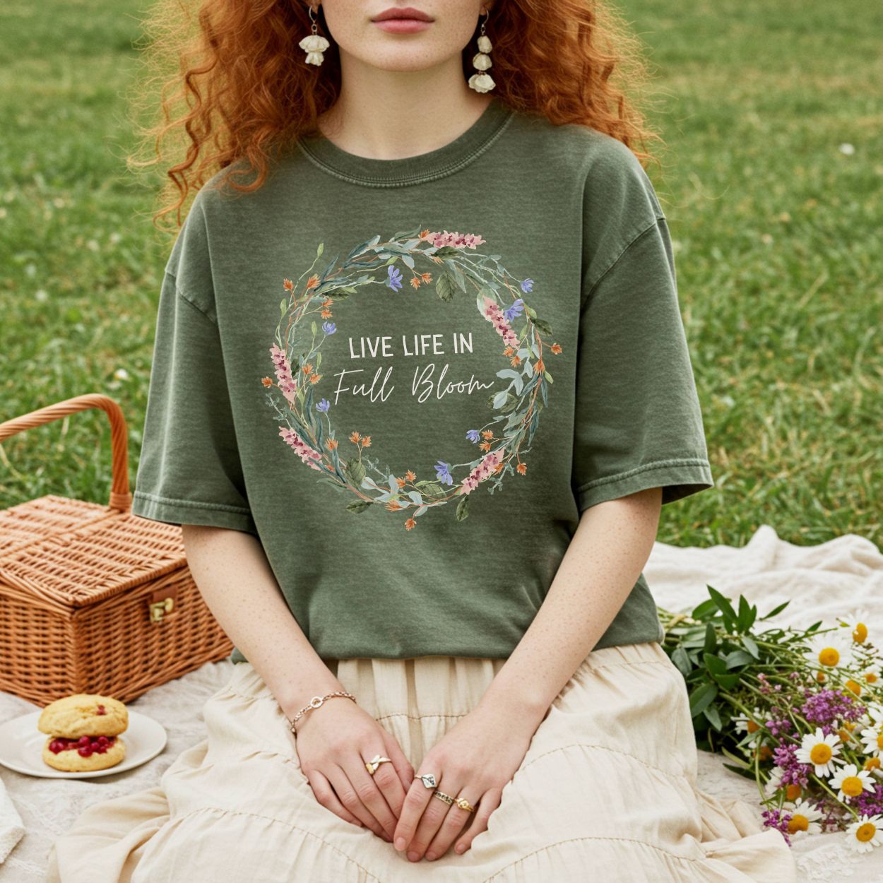 Live Life in Full Bloom Floral Wreath T-Shirt