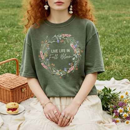 Live Life in Full Bloom Floral Wreath T-Shirt