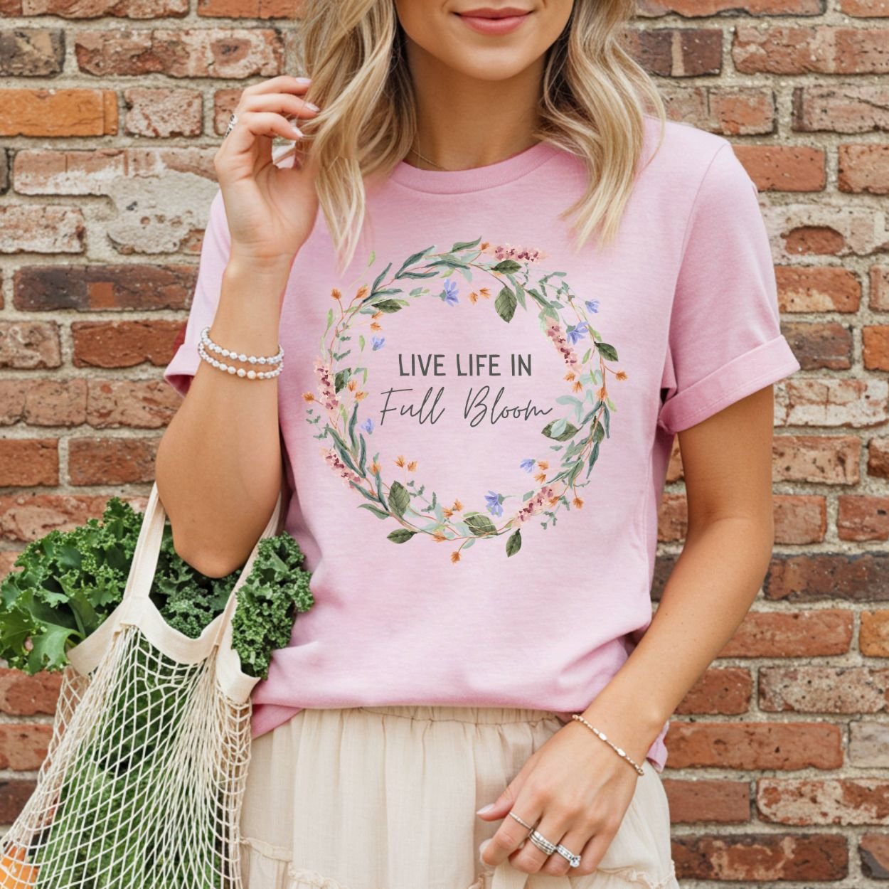 Live Life in Full Bloom Floral Wreath T-Shirt