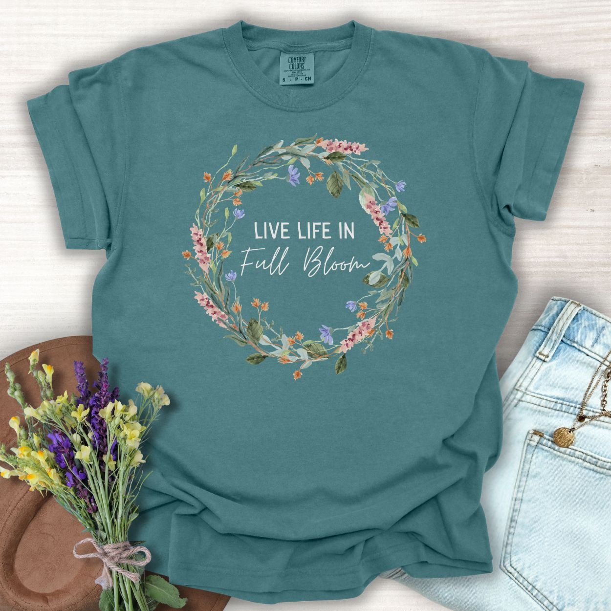 Live Life in Full Bloom Floral Wreath T-Shirt