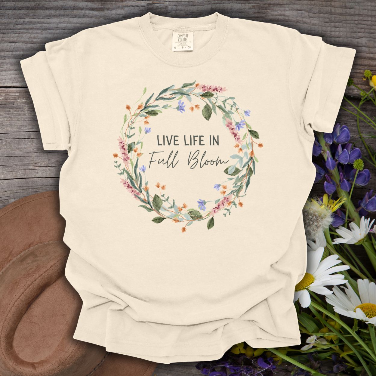 Live Life in Full Bloom Floral Wreath T-Shirt