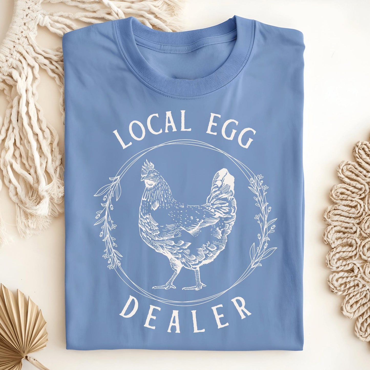 Carolina Blue Local Egg Dealer t-shirt, size S, with a white vintage hen and floral wreath graphic.
