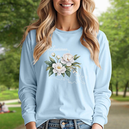 Louisiana State Flower Long Sleeve Tee - Magnolia