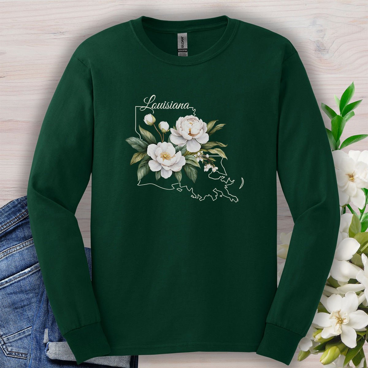 Louisiana State Flower Long Sleeve Tee - Magnolia