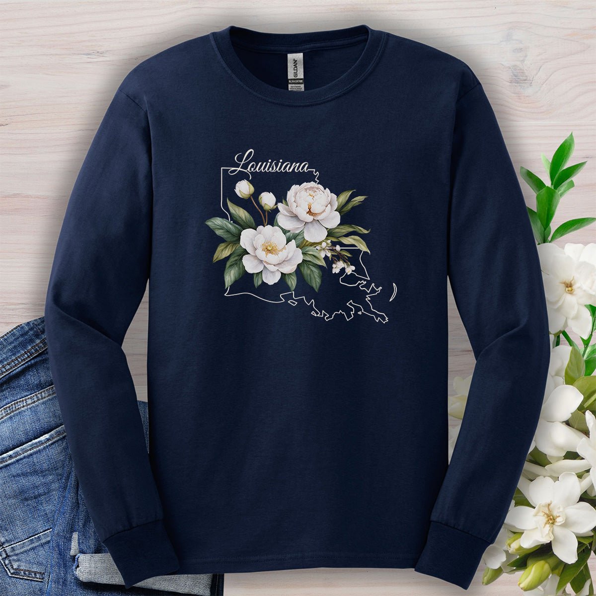 Louisiana State Flower Long Sleeve Tee - Magnolia
