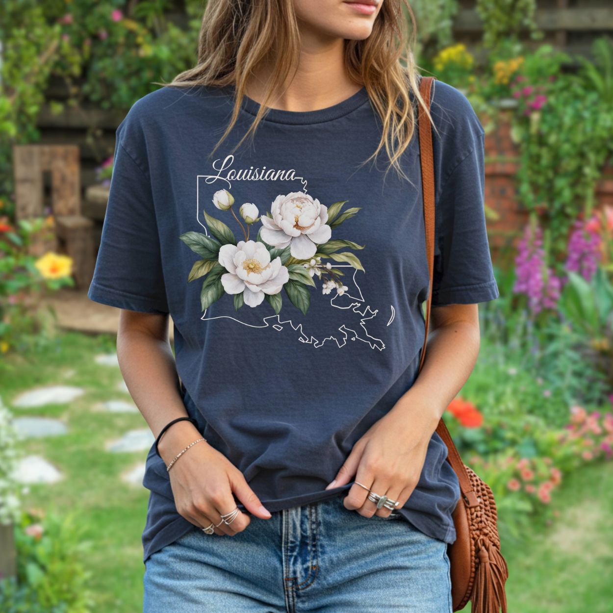 Garment-dyed navy t-shirt with a white Louisiana outline and magnolia flower graphic.