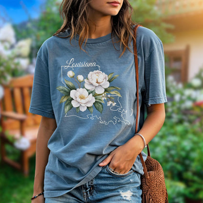 Garment-dyed blue cotton t-shirt with a white magnolia and Louisiana outline graphic.