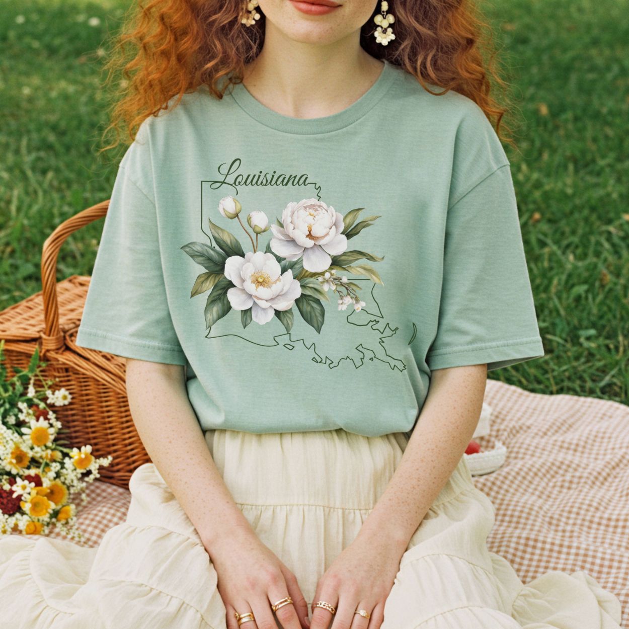 Garment-dyed sage green t-shirt with a magnolia illustration over a Louisiana outline.