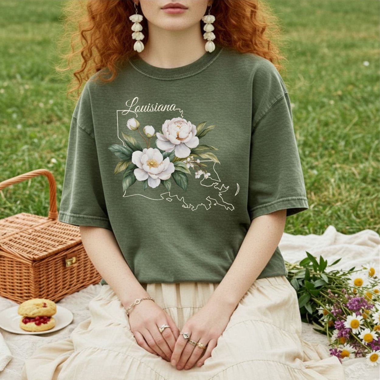 Garment-dyed olive green t-shirt with a white magnolia and Louisiana outline graphic, worn by a person sitting in grass.