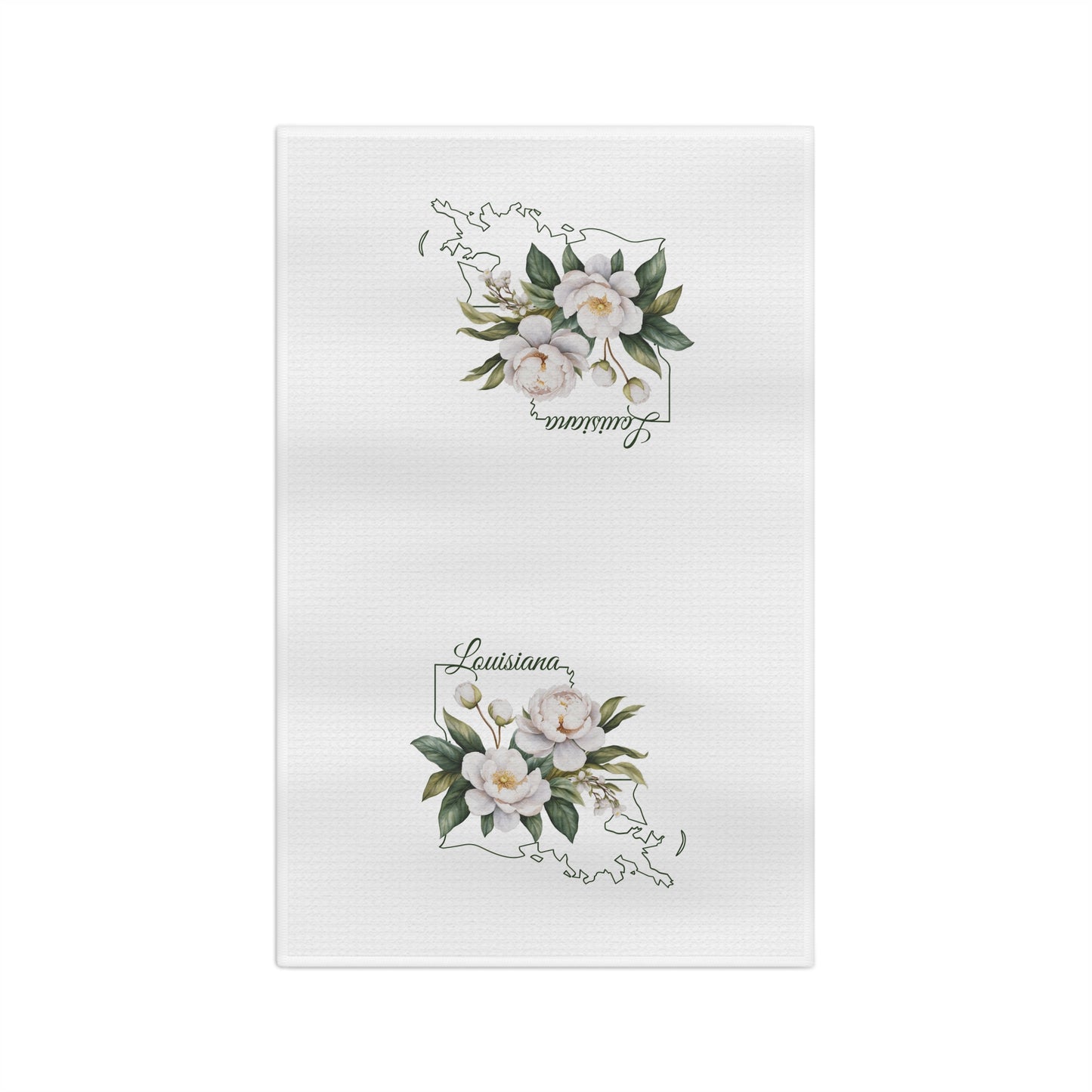 White microfiber tea towel with hand-drawn magnolias and "Louisiana" text over a state outline.