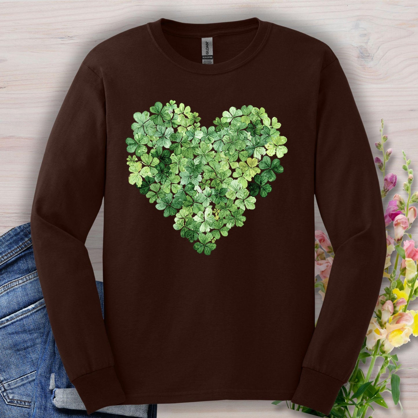Dark Chocolate long sleeve tee with a heart made of green clover leaves.