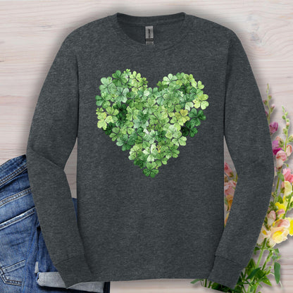 Dark Heather long sleeve tee with a heart made of green clover leaves, perfect for St. Patrick's Day.