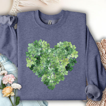 Heather Sport Dark Navy sweatshirt with a heart-shaped design made of green four-leaf clovers.