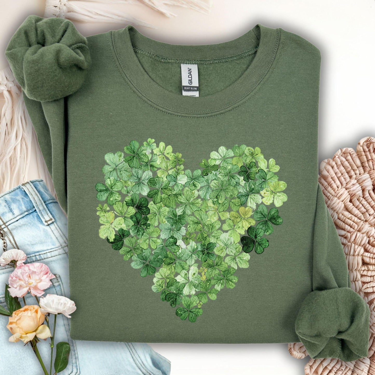 Military green cotton-poly sweatshirt with a heart-shaped clover leaf design.