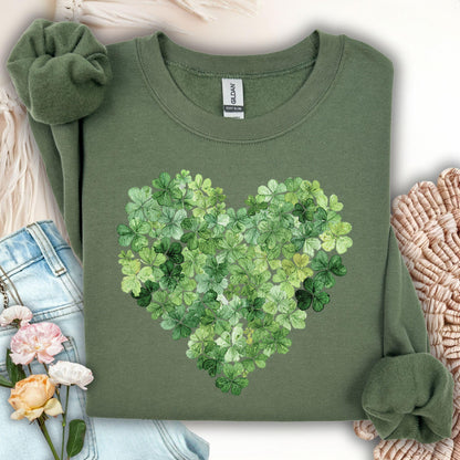 Military green cotton-poly sweatshirt with a heart-shaped clover leaf design.
