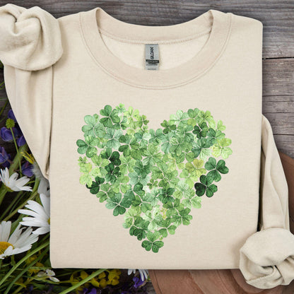 Sand S sweatshirt with a heart design made of green four-leaf clovers.