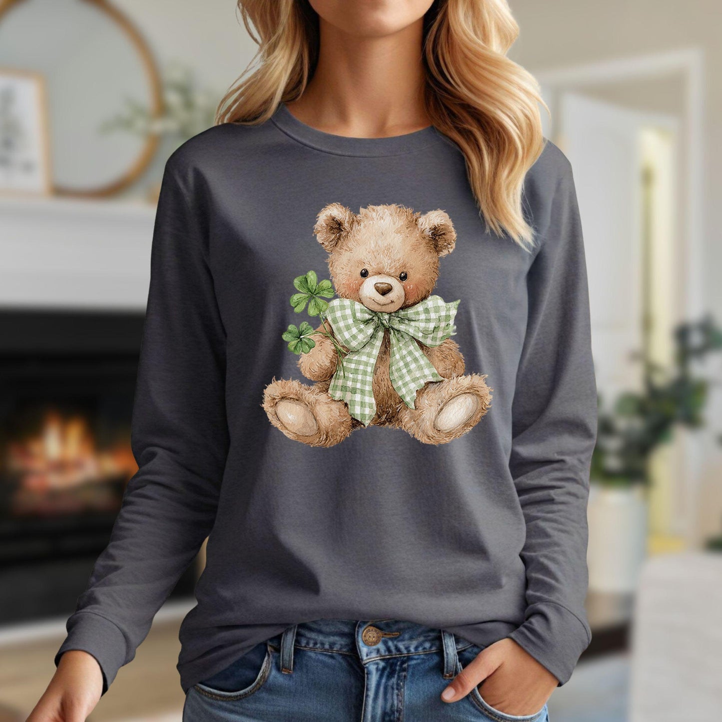 Watercolor teddy bear with green checkered bow tie and four-leaf clovers on a gray long-sleeve tee.