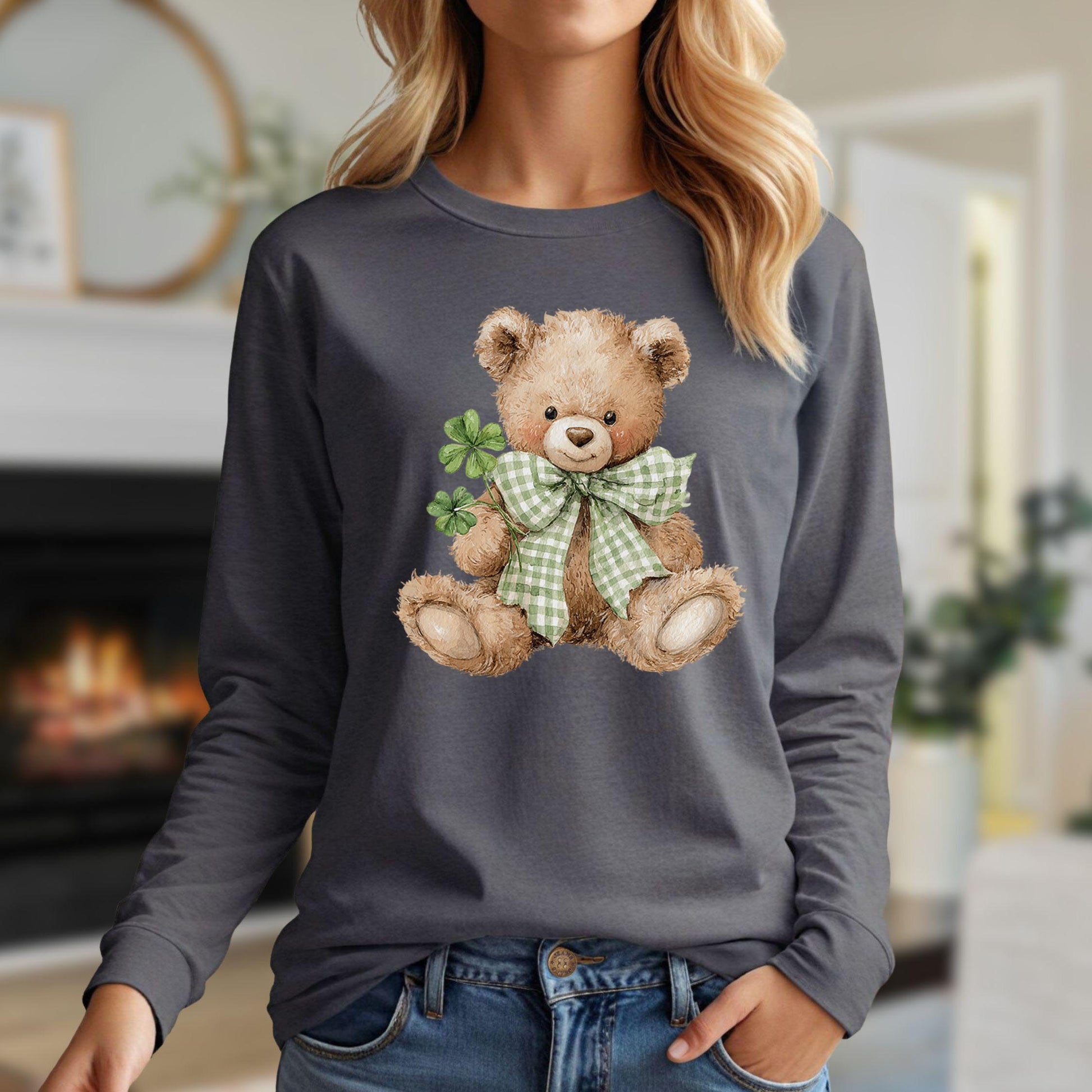 Watercolor teddy bear with green checkered bow tie and four-leaf clovers on a gray long-sleeve tee.